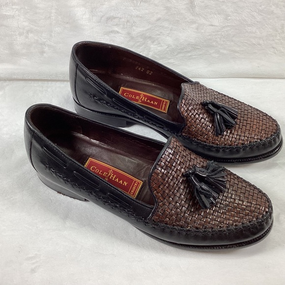 Cole Haan Loafers Brown Woven Black Leather Tassel Round Apron Toe Size 6.5B - Picture 1 of 11